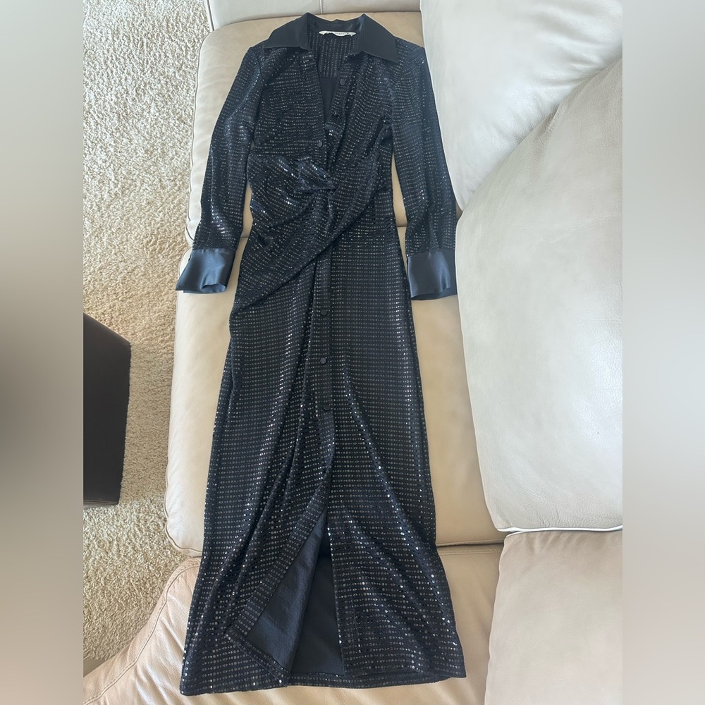 Elegant black Wrap Dress with V-Neck and Bishop Sleeves